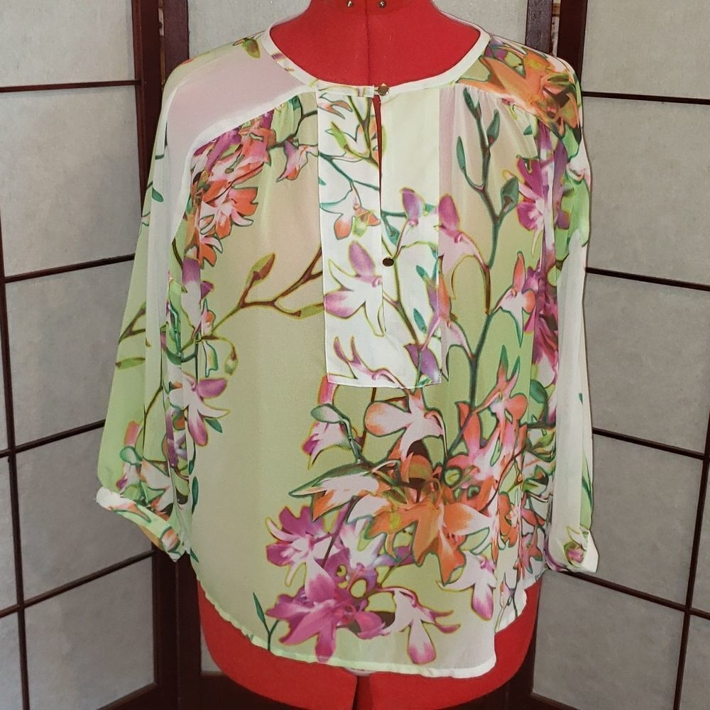 Jennifer Lopez Transparent Green Floral Print Blouse
